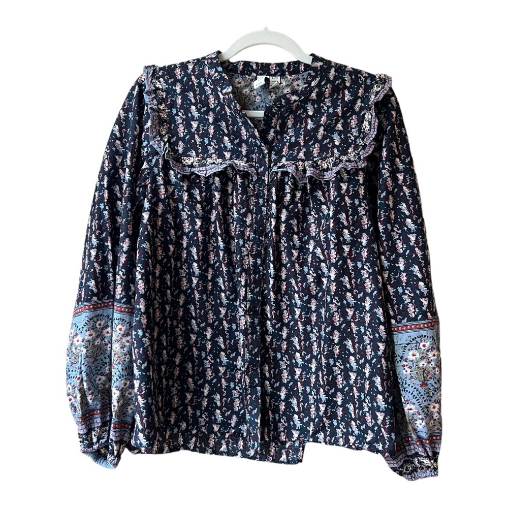 Joie Prairie Ruffled Bib Peasant Blouse 100% Cotton Button Down Top Size L